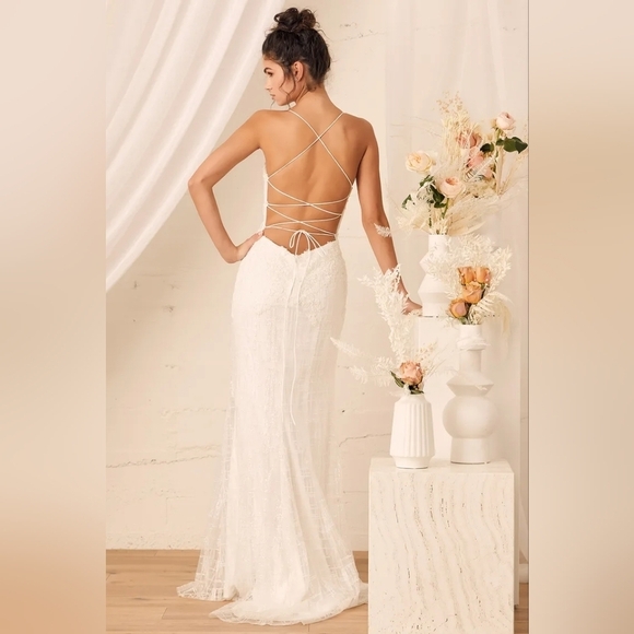 Lulus Luxe Bridal Wonderstruck Glitter Lace-Up Embroidered Lace Maxi Dress Bride - Picture 4 of 12